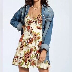 NWT Free People Happy Heart Mini Dress, Ivory with Florals, Size Small